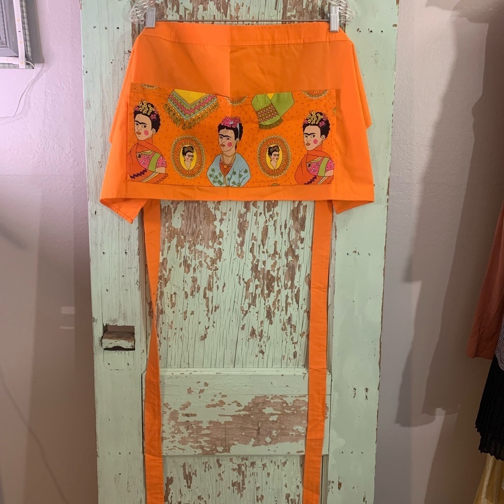 Adult orange Frida Kahlo waist apron with adjustable tie